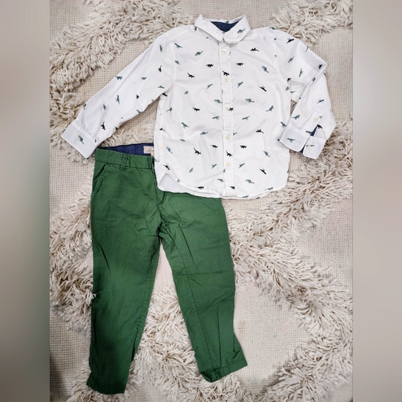 🦖 H&M 3T-4T boys button-up dinosaur shirt and green pants - Picture 3 of 10